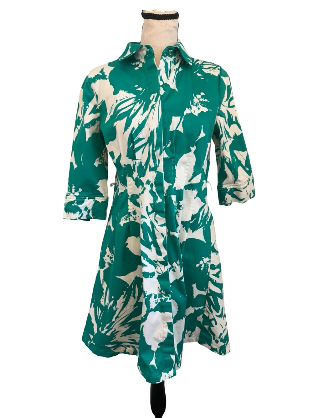 Anne Klein 4P Green White Floral Shirt Dress Petite Button Front Stretch Cotton